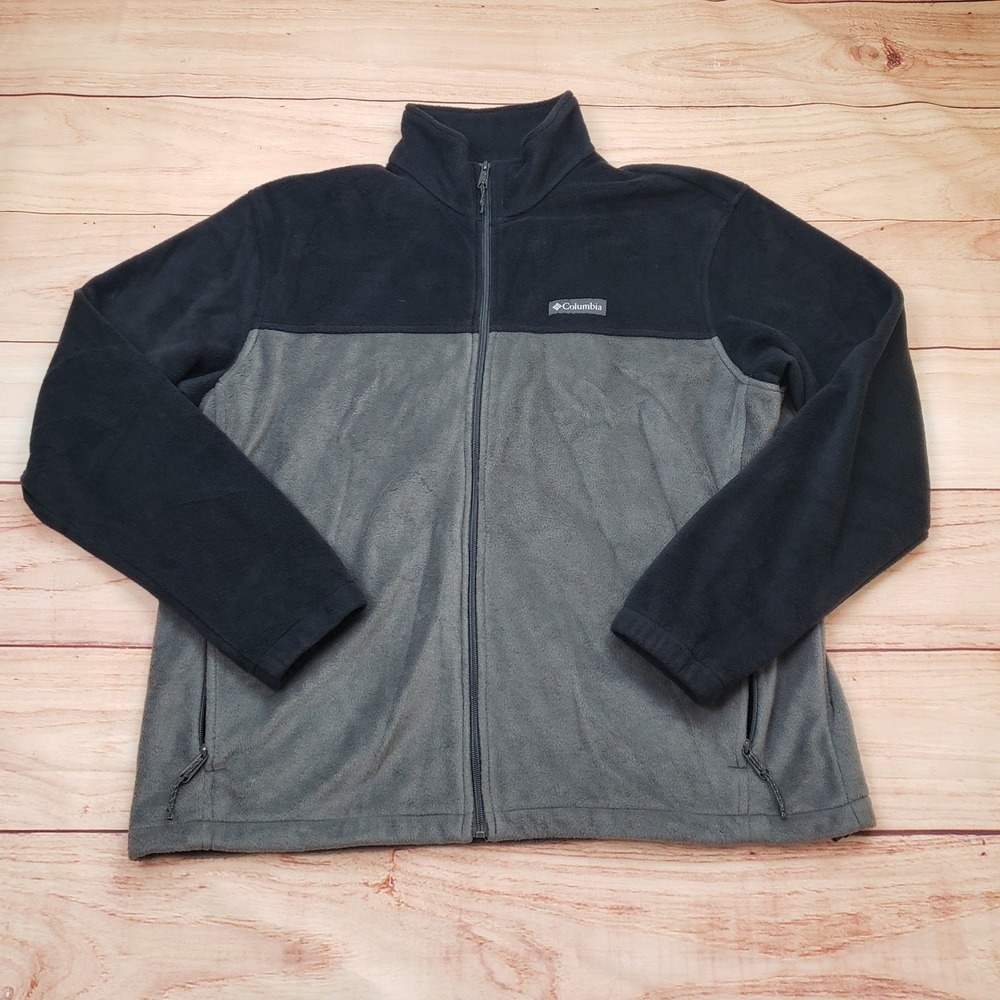 Columbia Jacket Mens XL Full Zip Fleece Black Gray Color Block WM3220 Soft Warm
